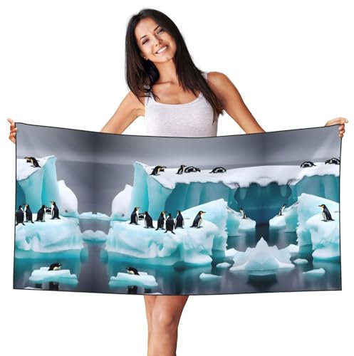 JIUTY Strandtuch mit Pinguine auf dem Eisberg, für Badezimmer, Handtücher, Reisen, leicht, Camping, Yoga, Decke