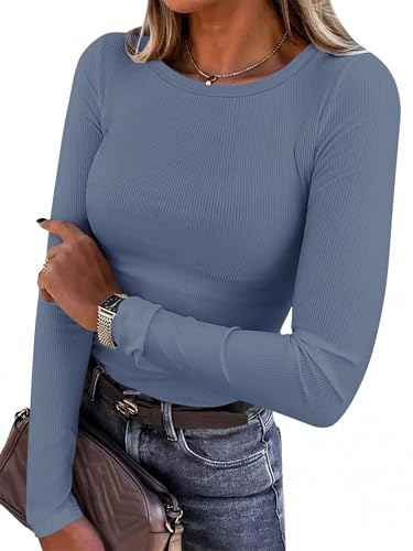 Chicrise Women Tops Long Sleeve Crew Neck T-Shirts Basic s Slim Fit Ribbed Solid Color Stylish Clothes Greyblue Large 16-18