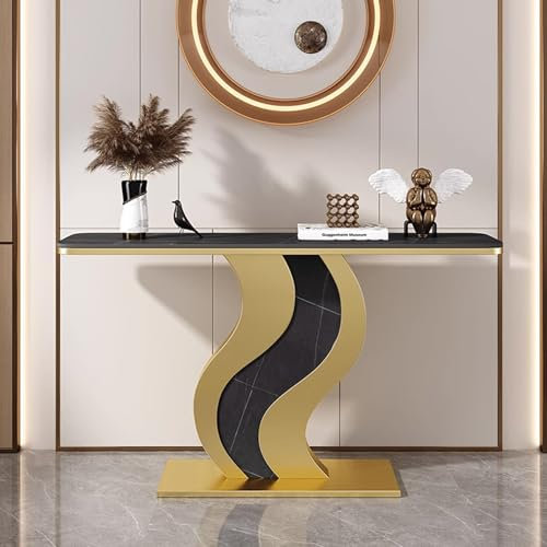 Konsolentisch Schmal Flur Leichter Luxus Steinplatte Flurtisch Goldfarbenes S-förmiges Metallgestell Hochtemperatur-Lack Sofatisch für Eingangsbereich, Wohnzimmer, Flur(Black,120 * 30 * 80cm)