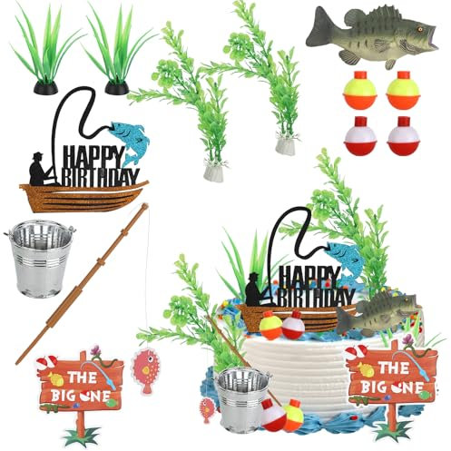 Tinoaly 13pcs Fishing Cake Topper, Fishing Birthday Party Decorations with Seaweed Bucket Fish Happy Birthday Cake Decor for Theme Party Supplies Retirement Celebrations