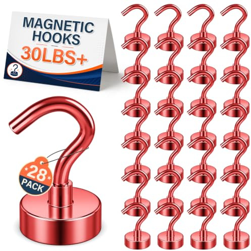 FINDMAG 28 Pack Cruise Magnetic Hooks, 30lbs Heavy Duty Magnets with Hooks for Hanging, Magnetic Key Holder for Fridge, Classroom Organization, Camper Accessories, Household Essentials (Red)