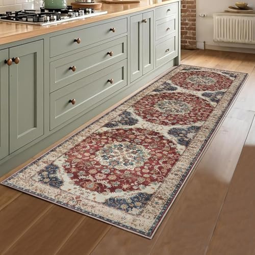 Aspire Homeware Machine Washable Hallway Runner Gold Red Rug 60x220 cm Whisper Soft Touch Premium Quality Rugs for Living Room, Non Slip Carpet Runners for Bedroom, Dining Room Kids Room