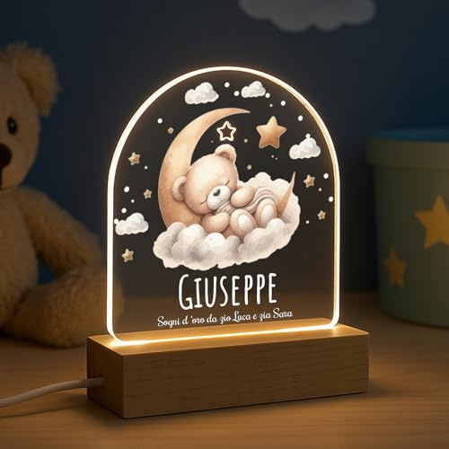 PV Grafik Lampada Personalizzata Con Nome E Dedica, Luce Notturna Orsetto Per Bambino, Regalo Natale, Battesimo, Madrina, Neonato, Cameretta Bimbo (S2)
