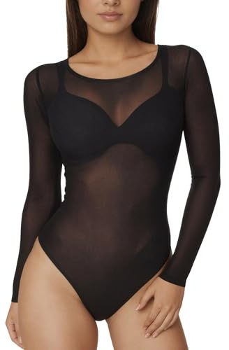 UDILEO Body Donna Manica Lunga Trasparente Velato Girocollo Top Aderente Elasticizzato Sottogiacca Elegantezzato sottogiacca elegante