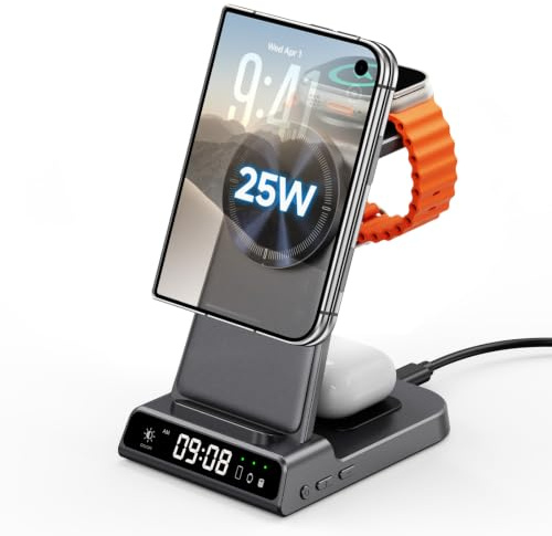 25W 3 in 1 MagSafe Charger for iPhone, Apple Watch, AirPods | 25W Fast Wireless Charger for iPhone 17 Pro Max, 5W Charging Stand for Apple Watch, Dimmable LED Clock, SwanScout C02M
