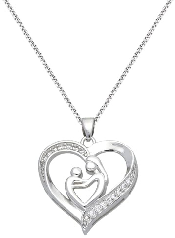 Löb 750er Weißgold vergoldet Kette Mutter Kind Herz Anhänger Zirkonia Silber, Damen 18 Karat Halskette Herzanhänger Herzform Herzkette Mama Glitzer Stein