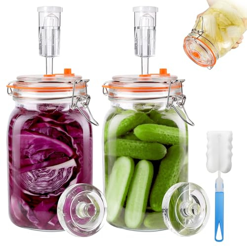 Snovire Juego de 2 vasos de fermentación de 1,5 L, con ventilador de fermentación y peso, recipiente para kimchi, para chucrut, kimchi, kombucha y pepinillos, con cepillo de limpieza