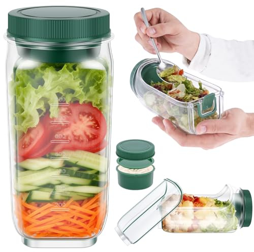 shaojian Salad Jar with Side Opening 1000ml Leakproof Salad Pod Jar with Dressing Cup, Meal Prep Container Vertical Layering Design, Portable Fresh Salads Lunch Box for Office Picnic Travel(green)