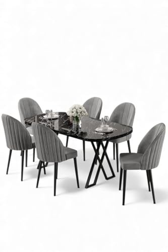 Modernes 7-teiliges Esszimmer-Set mit Tisch und Stühlen, Schwarzer Marmor & Grau, 100% MDF, Metallbeine, Stilvolles skandinavisches Design