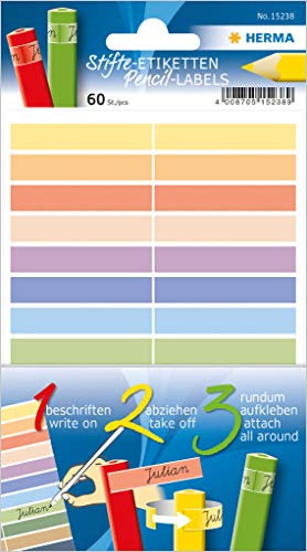 HERMA 15238 Stifte-Etiketten für Kinder, 60 Stück, 10 x 46 mm, selbstklebend, Namensaufkleber für Stifte Schule Kindergarten Lineale Federmäppchen, Schulaufkleber für Kinder Mädchen Jungen, bunt