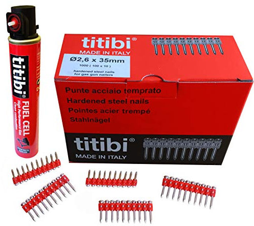 1000 CHIODI STECCATI + BOMBOLETTA DI GAS PER CHIODATRICI: Hitachi - Bea - Makita -Senco - Altro (Bomboletta P1000: 165mm, 40g, 80ml, Chiodo: Ø2,6 x 25 mm)