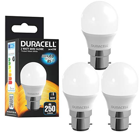 Duracell LED B22 Mini Globe Frosted Light Bulbs, 3W, 250 lumens, 25W Halogen Equivalent, Warm White 3000K - 3 Pack