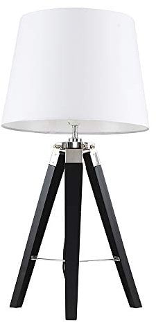 MiniSun | Black Wood and Silver Chrome Tripod Table Lamp with a White Light Shade | Home Décor, Bedside & Desk Lamp