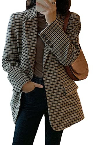 Femme Blazer à Carreaux,Élégant à Manches Longues OL Bureau Affaires Veste de Costume à Boutons,Veste de Tailleur,Treillis Revers Veste de Blazer,Vintage Devant Ouvert Cardigan Manteau Blouson Jacke