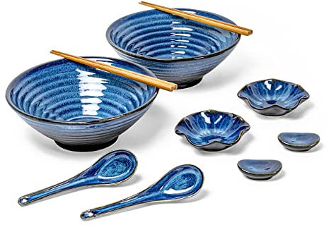 UNICASA Ramen Bowls 36oz, Porcelain Soup Bowls with Spoon and Chopsticks, Japanese Ramen Bowl Set of 2 for Udon Soba Pho Asian Noodles - Blue