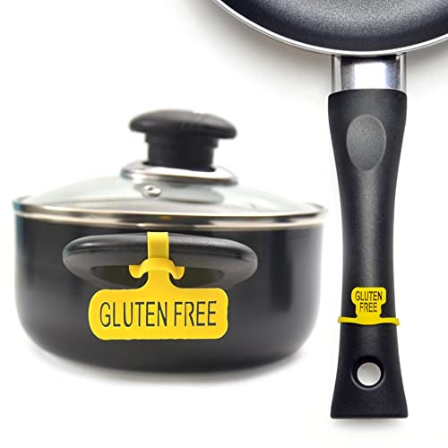 Gluten Free Silicone Labels for Kitchen. Set of 4 Tags for Pans and 2 Tags for Pots. Kitchen Storage and Organization Accessories. Yellow