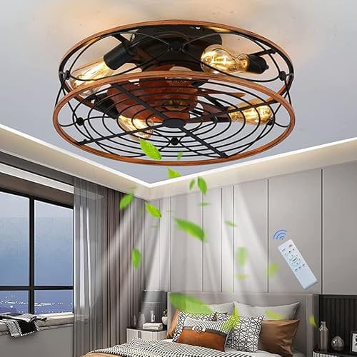 E27 Deckenventilator Mit Beleuchtung Und Fernbedienung Retro Fan Deckenleuchte Schlafzimmer Ventilator Deckenlampe Leise Lüfter mit Licht Vintage Eisenkäfig Pendelleuchte Wohnzimmer Esszimmer Lampe