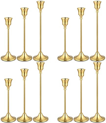 YMHPRIDE Messing Gold Kerzenhalter Set mit 12 konischen Kerzenhaltern, Vintage Modern Kerzenhalter Set für Abendessen, Zuhause, Hochzeit, Partydekoration Herzstück für Esstisch