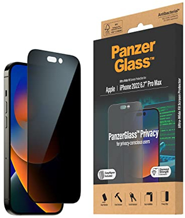Panzer Glass für Apple iPhone 14 Pro Max Privacy Antibakteriell Schutzglas Hart Glas Case, P2786, Transparent