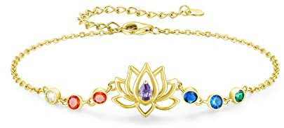 Lotus Armband Damen 925 Sterling Silber vergoldet Chakra Armband Lotosblüte mit Zirkonia bunt Lotusblume Schmuck Armband Geschenke für Frauen Mädchen