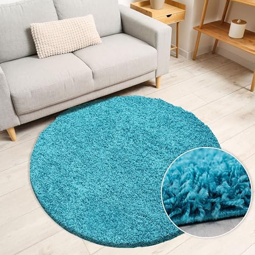 Miovani Hochflor Teppich Rund 80 cm Türkis Blau - Besonders weicher Shaggy Teppich in vielen Farben & Größen für Dein gemütliches Zuhause - Teppich Wohnzimmer & Schlafzimmer