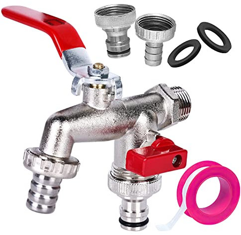 Rubinetto da giardino, doppio rubinetto da 1/2 pollici, rubinetto da giardino in ottone di alta qualità, protezione da ruggine e antigelo, con connettori per tubi, nastro di tenuta, eccetera.