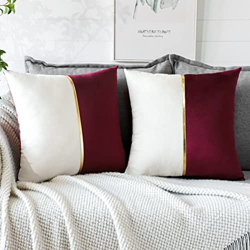 Artscope 2er Set Samt Kissenbezug für Sofa Auto Schlafzimmer Luxuriöser Moderne Minimalist Goldenen Ledernähten Dekokissen Kissenhülle Kissen Fall 45x45cm (Weinrot und Weiß)