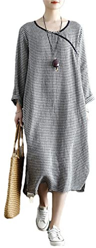Hdhdeueh Damen Vintage Plaid Kleid Baumwolle Langarm Roben Chinesisch Weich Kleid, plaid, Einheitsgröße