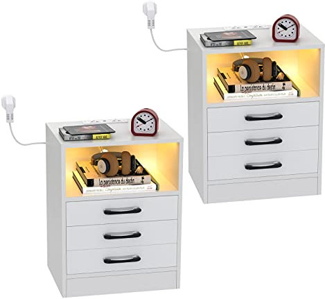 Lvhecforhm 2xNachttisch mit LED Beleuchtung, Beistelltisch in Weiß mit Steckdose und Anschlüsse, Nachttische mit 3 Schubladen, Nachttisch mit LED Licht 16 Farben Beleuchtung für Wohnzimmer 45x35x60cm