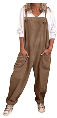 Salopette in tessuto, da donna, larga, estiva, lunga, larga, larga, larga, pantaloni estivi, pantaloni da lavoro, pantaloni harem, pantaloni da lavoro, marrone, S