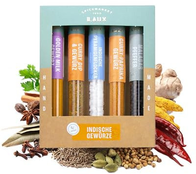 Laux Indische Gewürze Geschenkbox - 5 Erlesene Gewürze aus Indien - Hochwertiges Salat & Grill Zubehör - Ausgefallene Geschenke für Männer & Frauen