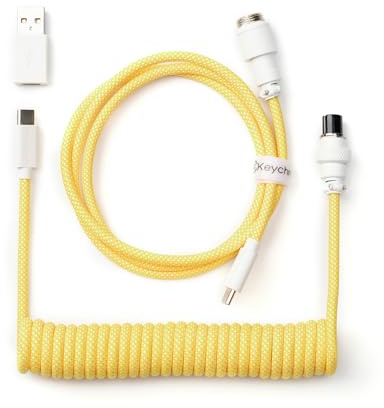 Keychron Custom Coiled Aviator Cable, 5-Pin (GX12) Detachable Metal Connector, USB-C to USB-C with USB-A Adapter, Durable Braided Charging Cable for Mechanical Keyboards (Yellow)