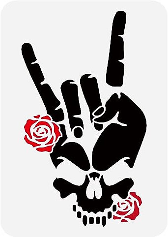 FINGERINSPIRE Rock 'N' Roll Schädel Malschablone 29.7x21cm Rock Gesten Zeichenvorlage Teufelshörner Schablone Totenkopf Knochen Schablone Rosen Schablone Zum Malen Auf Holzwänden