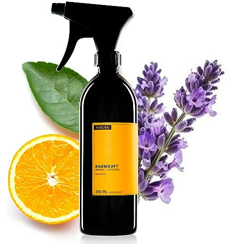 NAKURA® Duftspray und Lufterfrischer ORANGE - LAVENDEL Bio 500 ml - Natürliches Raumduft Spray aus reinen ätherische Öle - Lufterfrischer Wohnung mit naturreinem Orangenöl und Lavendelöl ohne Chemie