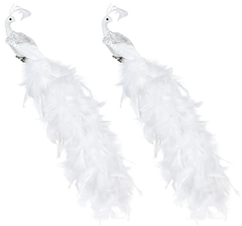 2 Stück Weihnachts-Pfau-Ornamente, Simulations-Schaumstoff-Vogelfeder-Pfau-dekorative Weihnachtsvögel mit Clips für Zuhause, Hochzeit, Party, Weihnachtsbaumschmuck(Weiss)