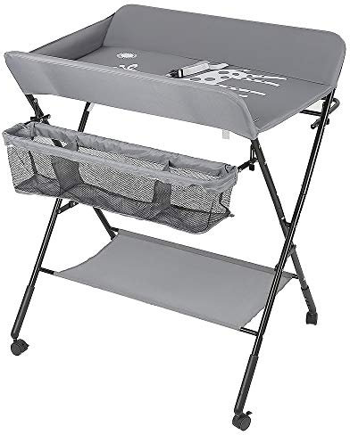 Belfoyer Wickeltisch Klappbar, Baby Klappbarer Wickeltisch mit Rollen und Wickelauflage, Wickelkommode Baby mit Motiv Giraffe, Höhenverstellbar, Platzsparend und Stabil (Grau)