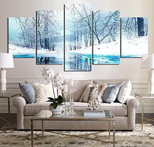 Generic Leinwandbild 5 Tlg. Winterlicher Seeblick Druck Auf Leinwand Bild Kunstdruck (Xxl/Ohne Rahmen 200 X 100 Cm) Für Wohnzimmer Hotel Restaurant Büro Home Decor Poster Wandkunst Wandbild -5Y4B+Z3W