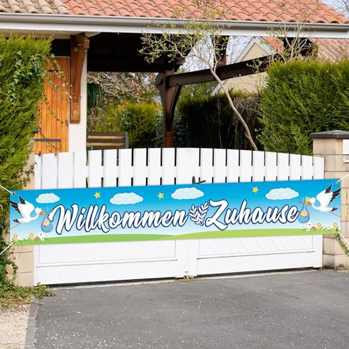 LAMEK Rosa Storch mit Baby Willkommen Zuhause Banner 300x50cm Geburtsstorch Hintergrund Herzlich Willkommen Baby Jungen Geburt Babyparty Taufe