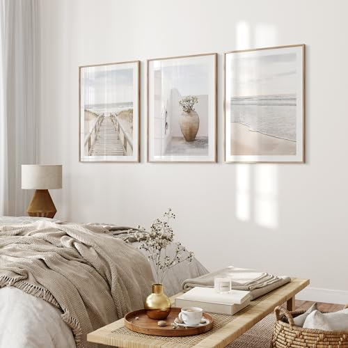 OHBIMBA® Sets Von 3 Poster & Kunstdrucke Mit Rahmen - Zimmer Deko Und Wanddeko Wohnzimmer - Deko Wohnzimmer und Bilder Schlafzimmer - Strand Boho Deko - 30x40 cm - Mit Rahmen Holz