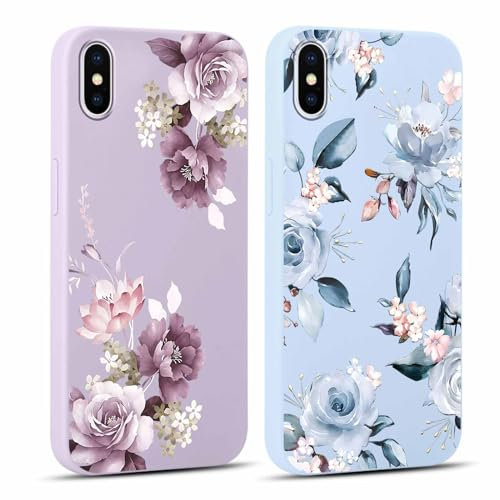 Xylota 2 Stück Handyhülle für iPhone X/iPhone XS 5,8 Hülle,Weich Silikon Dünn TPU Bumper Case mit Aesthetic Muster Blumen,Stoßfeste Kratzfest Frauen Mädchen Schutzhülle Cover für iPhone X, Blau +Lila