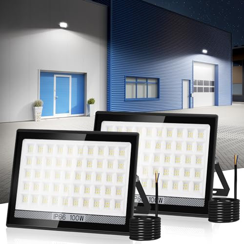 NATPOW LED Flood Lights, Outdoor Security Light 100W, 144 LEDs 6000K Garden Flood Lights 11000LM, IP66 Waterproof Upgrade Wall Light for Garage, Warehouse, Parking Lot, Yard, Backyard(2 Pack)
