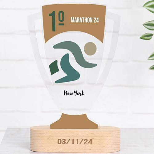 Wanapix | Trofeo Personalizado para Carreras | Trofeo Copa Deportiva | Placa de Metacrilato Impresa a Color | Base de Madera Natural Grabada | Corredor