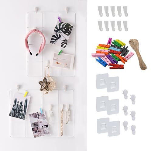 Photo Wall Display Grid Boards - Wire Mesh Panels Hanging Shelves with Hooks, Picture Clips Holders, Rope, Mounting Accessoreis for Office Kitchen Home Decor (White)