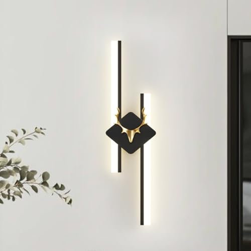 AHQX Moderne LED Linear Wandleuchte Kreative Hirschkopf Art Deco Wandleuchte Indoor Nachttisch Wandleuchte Mit Acrylschirm Dimmbar Für Wohnzimmer Schlafzimmer Badezimmer Küche Flur(Schwarz)