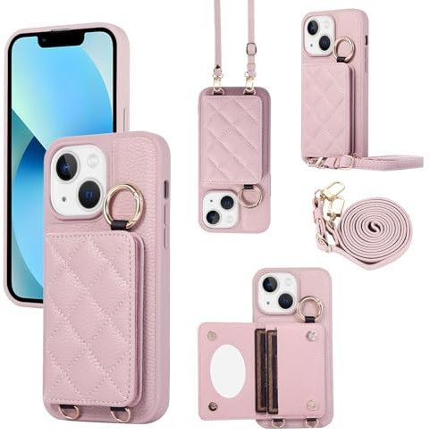 YDIJCYAN Handyhülle für iPhone 15 Hülle mit Band+Ring+Schminkspiegel Stoßfest Handy Schutzhülle (lila Farbe)