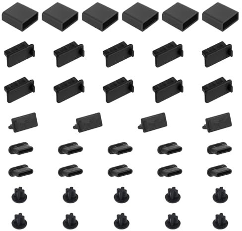 Bewudy 40 Stück USB Staubschutzstecker Kit, 5 Typen Silikon Staubschutzkappe Schwarz Staubschutz Stecker für Telefone Computer Schnittstelle