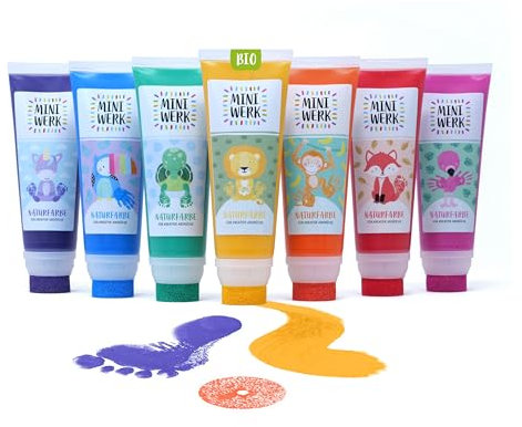 Miniwerk Naturfarbe 7er Set mit Schwammaufsatz - 7 Bio Malfarben aus natürlichen Rohstoffen, schadstofffrei wie Fingerfarbe - Baby Handabdruck Fußabdruck (Lila, Blau, Grün, Gelb, Orange, Rot, Rosa)