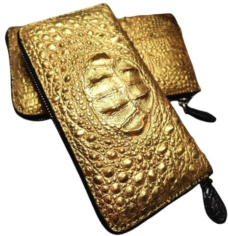 SAMEZA Goldene Krokodilleder Herren Reißverschluss Lange Geldbörse Mode Echtes Leder Lady Clutch Große Kapazität,Golden,1