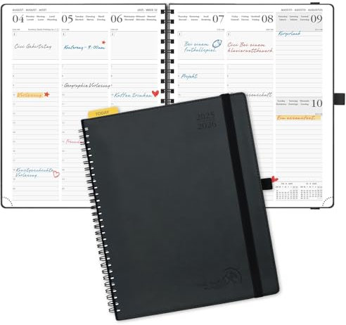 POPRUN Kalender 2025 2026 Wochenplaner (Aug.2025-Dez.2026) Ringbuch mit Softcover, ca. A4 (26,5 x 21,5 cm), 17-Monate-Terminplaner 1 Woche 2 Seite mit Zertifiziertem Papier - Schwarz