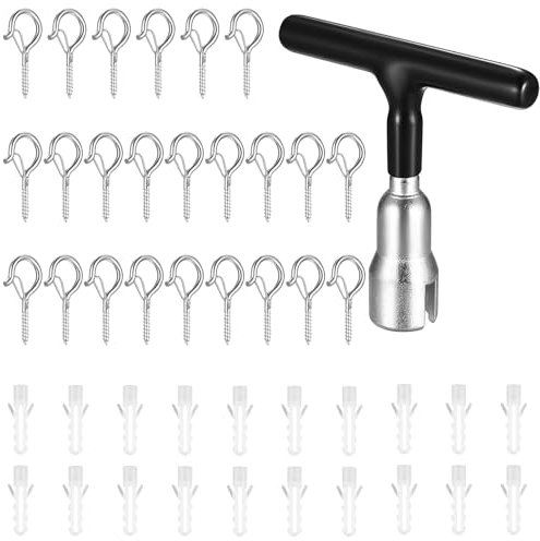 Carreuty 24 Stück Schraubhaken,deckenhaken Haken zum Schrauben mit Sicherung für haken lichterkette befestigung Dekoration zum Aufhängen Pflanzenkörben wandhaken holz mit 1 Hakenschraubendreher